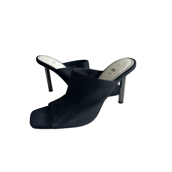 ZARA Black Strech Sandals Heels Size 7.5 / 38 - Picture 4 of 11